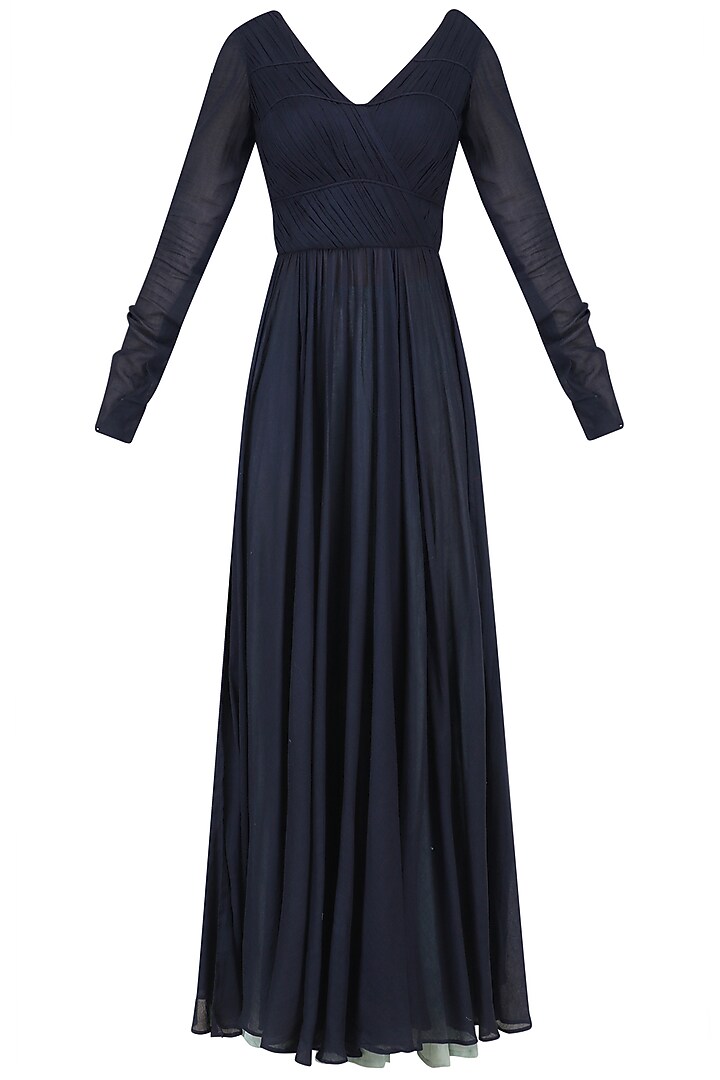 Midnight blue anarkali with sky blue printed Jacket available only at Pernia's Pop Up Shop.