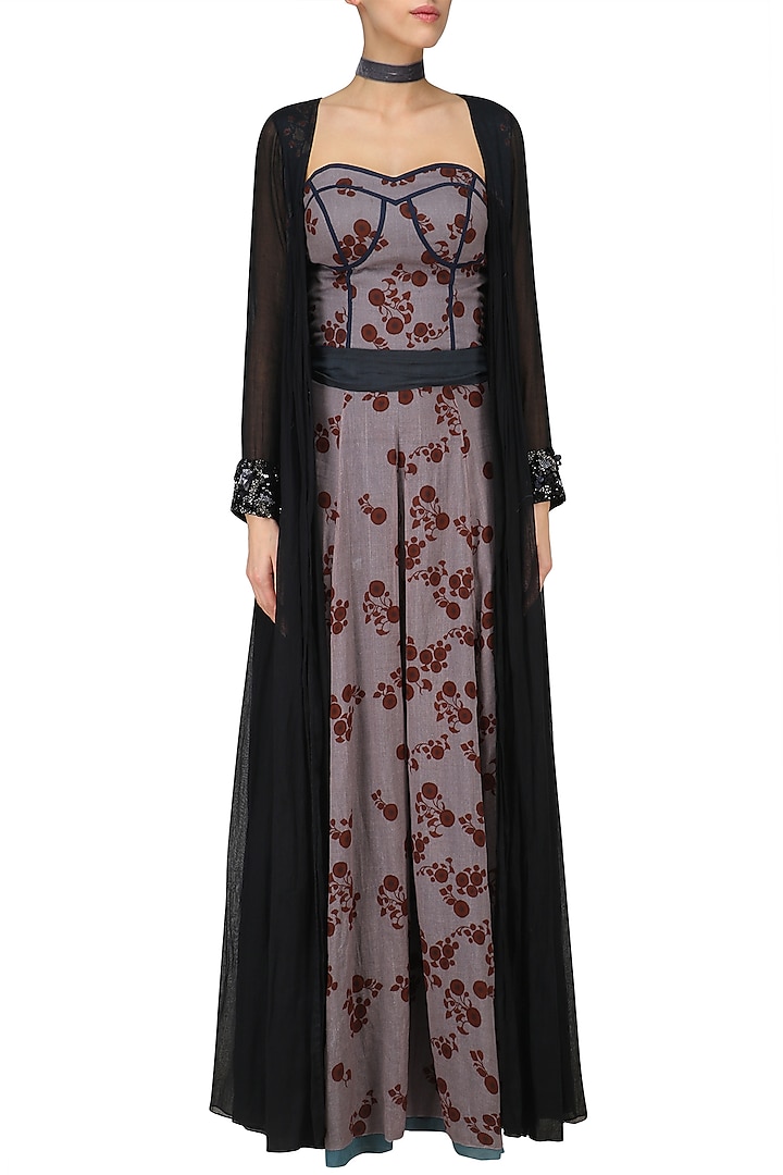 Lilac floral print jumpsuit with black embroidered long jacket available only at Pernia's Pop Up Shop.
