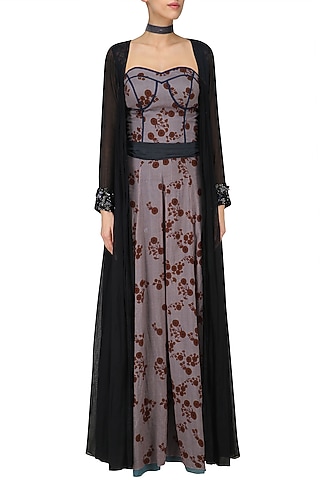 Lilac Floral Print Jumpsuit with Black Embroidered Long Jacket by Saaksha & Kinni