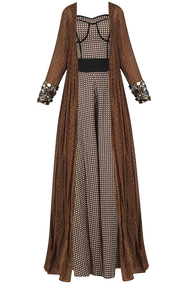 Brown Checkered Print Jumpsuit with Brown Embroidered Long Jacket by Saaksha & Kinni