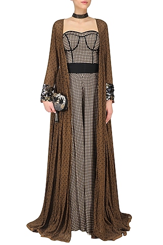 Brown Checkered Print Jumpsuit with Brown Embroidered Long Jacket by Saaksha & Kinni