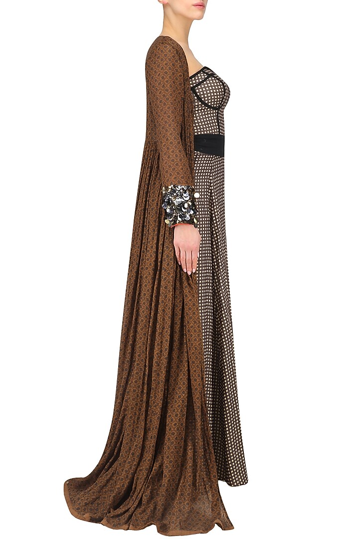 Brown checkered print jumpsuit with brown embroidered long jacket available only at Pernia's Pop Up Shop.