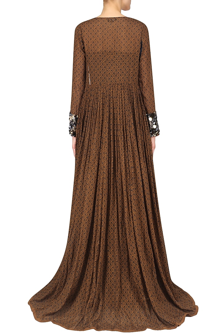 Brown checkered print jumpsuit with brown embroidered long jacket available only at Pernia's Pop Up Shop.