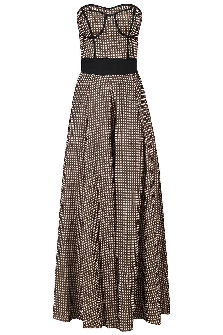 Brown checkered print jumpsuit with brown embroidered long jacket available only at Pernia's Pop Up Shop.