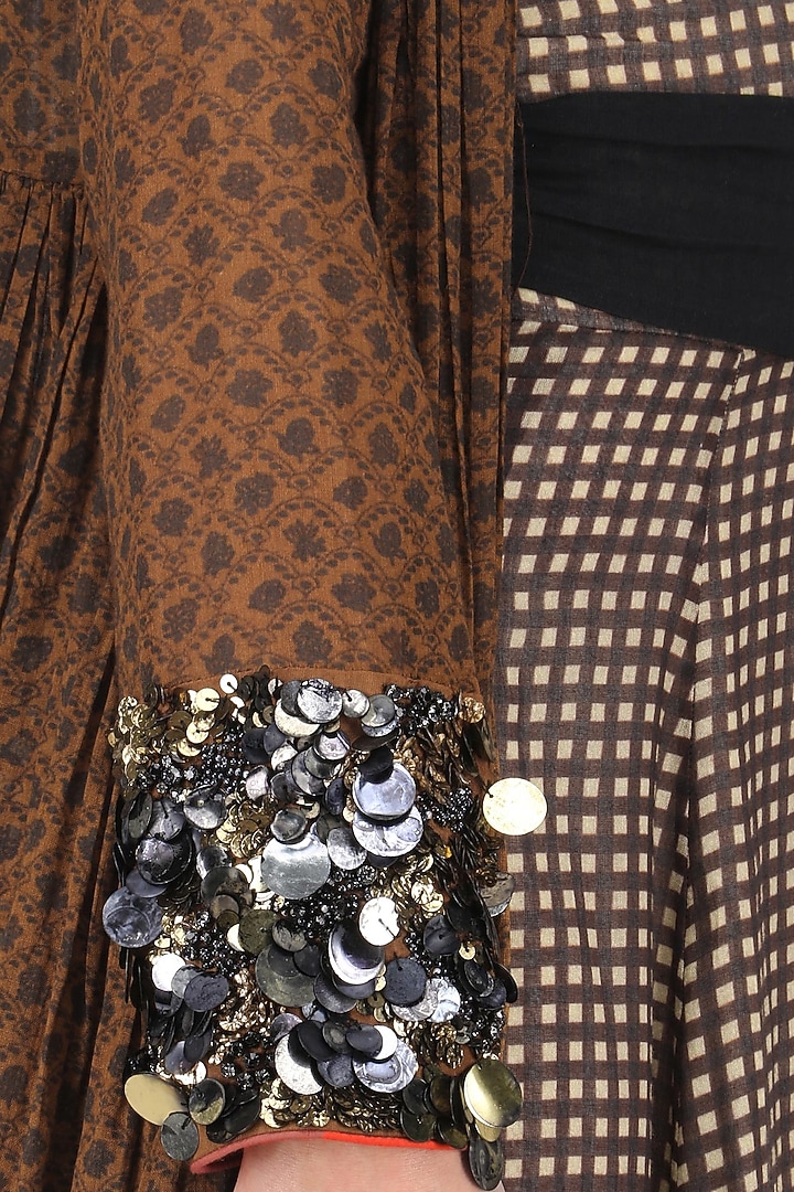 Brown checkered print jumpsuit with brown embroidered long jacket available only at Pernia's Pop Up Shop.