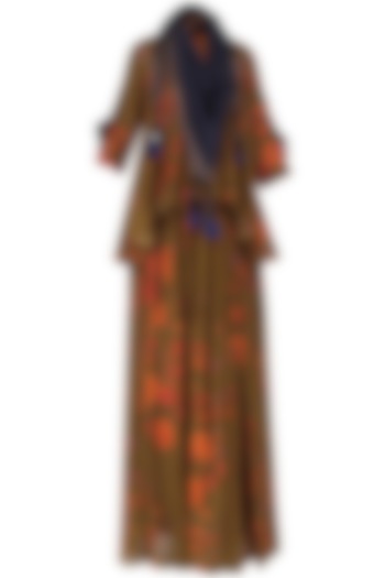 Brown Floral Print Mirror Embellished Blouse and Gypsy Skirt Set by Saaksha & Kinni