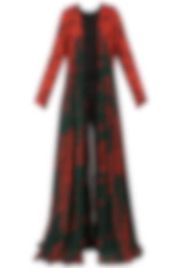 Green and Red Berry Print Floor Length Jacket by Saaksha & Kinni