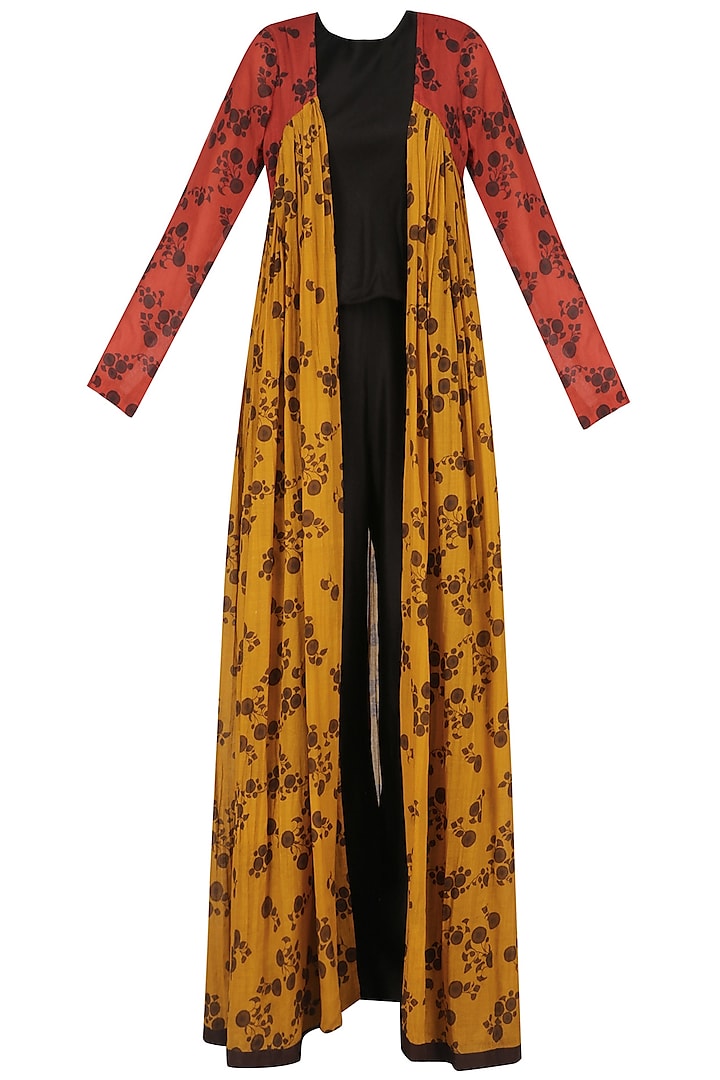 Mustard and Red Floral Print Floor Length Jacket by Saaksha & Kinni