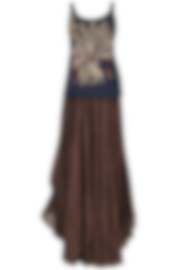 Blue Deer and Tree Zardosi Embroidered Tank Top with Brown Gypsy Skirt by Saaksha & Kinni