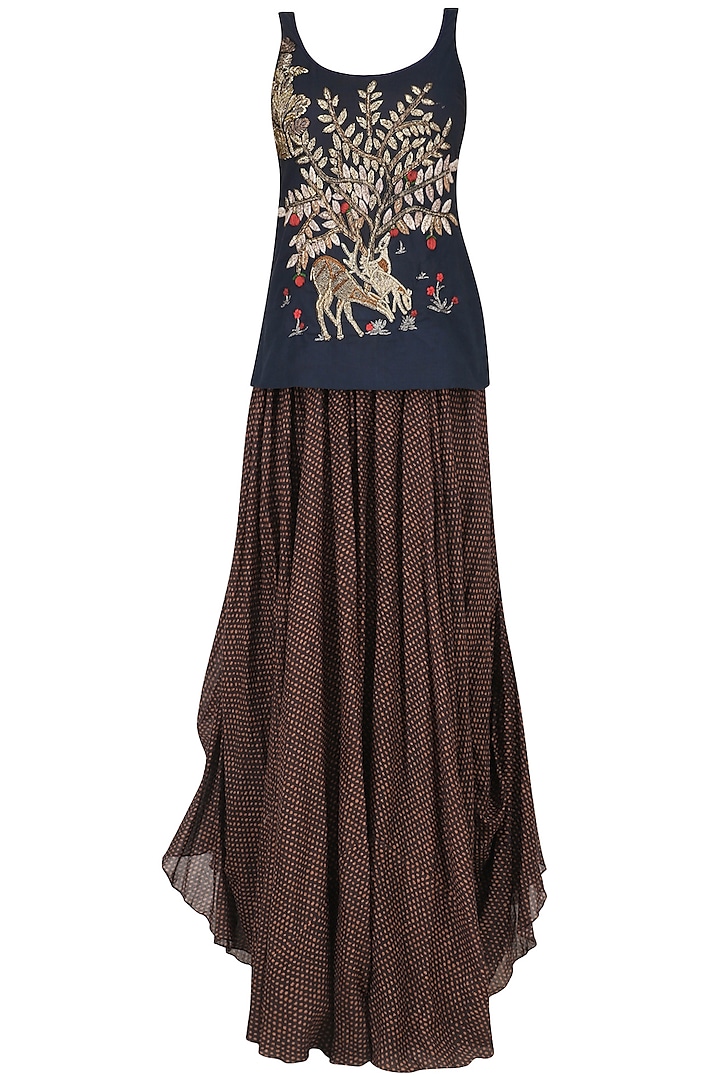 Blue Deer and Tree Zardosi Embroidered Tank Top with Brown Gypsy Skirt by Saaksha & Kinni