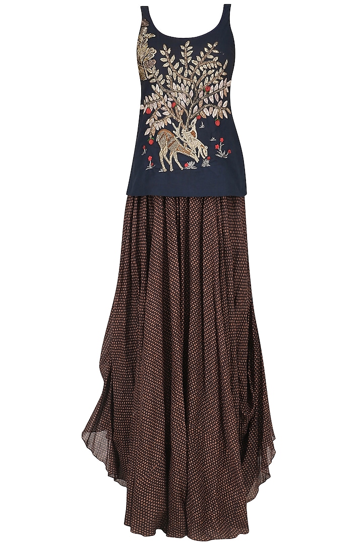 Blue deer and tree zardosi embroidered tank top with brown gypsy skirt available only at Pernia's Pop Up Shop.