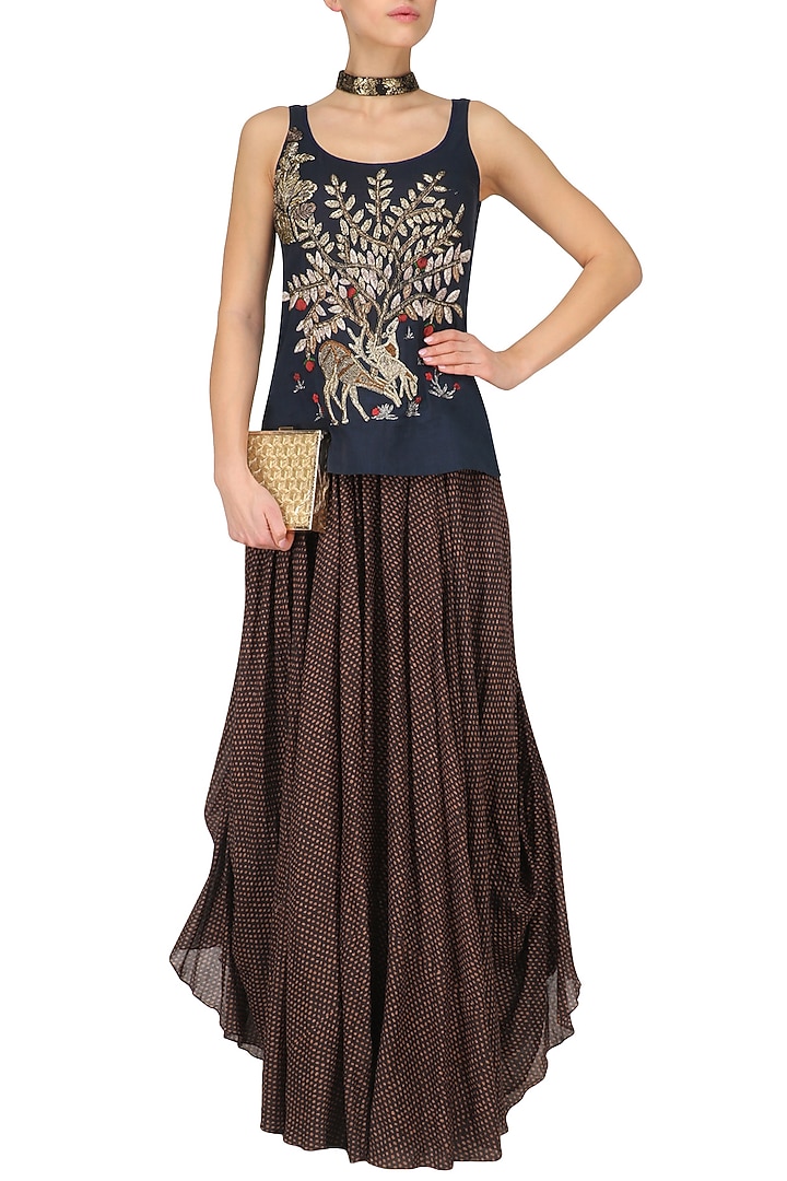Blue deer and tree zardosi embroidered tank top with brown gypsy skirt available only at Pernia's Pop Up Shop.