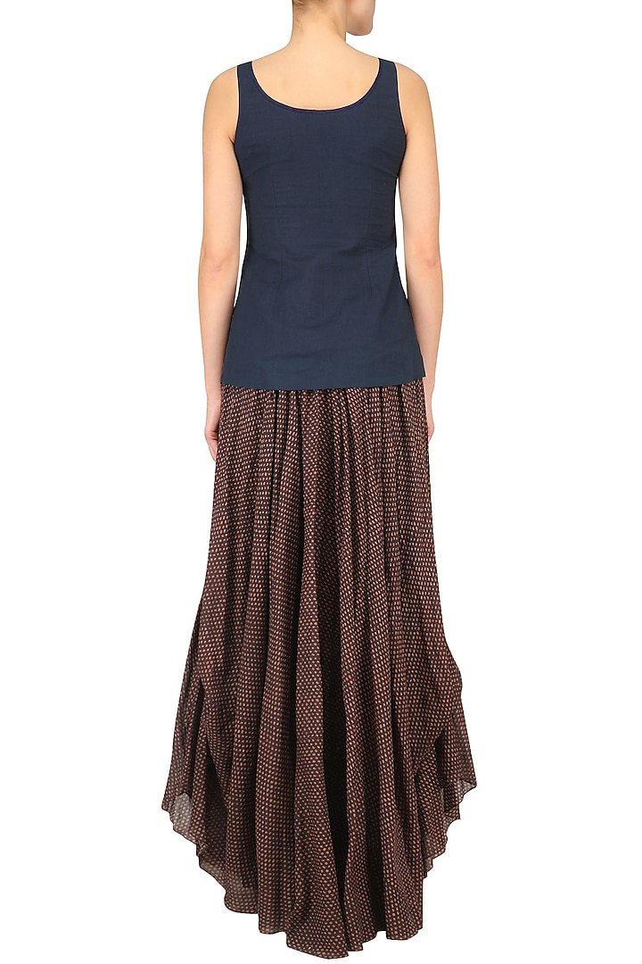 Blue deer and tree zardosi embroidered tank top with brown gypsy skirt available only at Pernia's Pop Up Shop.