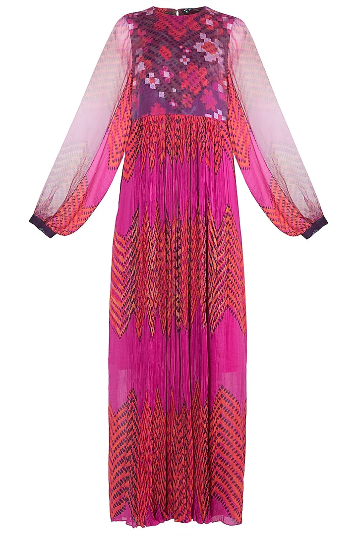 Pink & Orange Printed Floral Leheriya Maxi Dress by Saaksha & Kinni