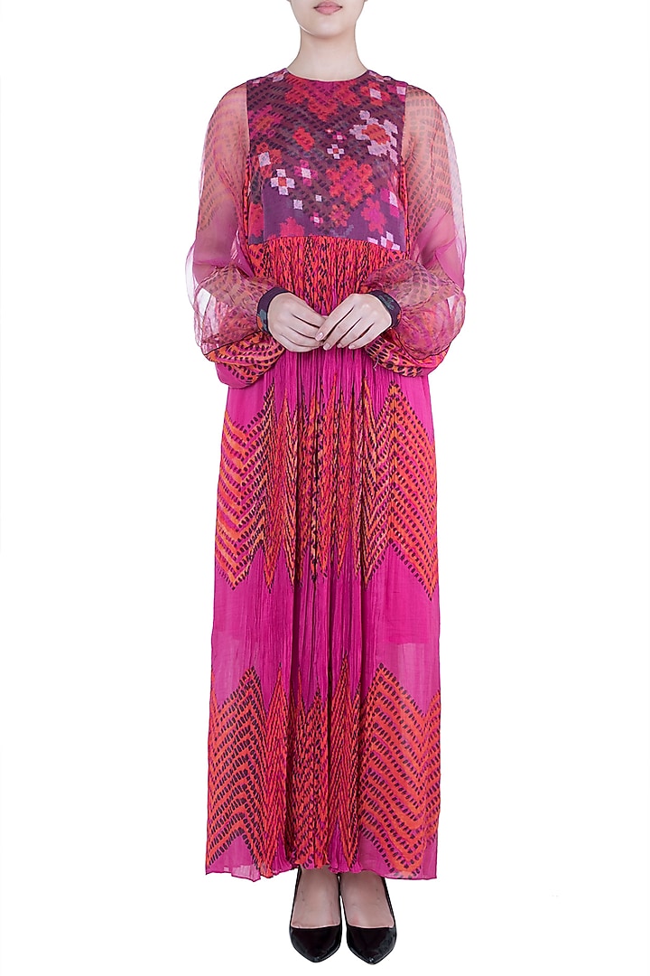 Pink & Orange Printed Floral Leheriya Maxi Vacation Dress by Saaksha & Kinni at Pernia's Pop Up Shop