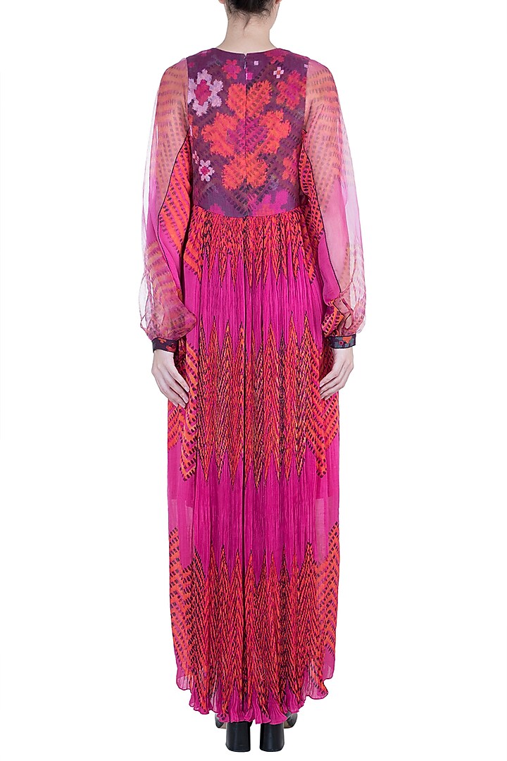 Pink & Orange Printed Floral Leheriya Maxi Vacation Dress by Saaksha & Kinni at Pernia's Pop Up Shop