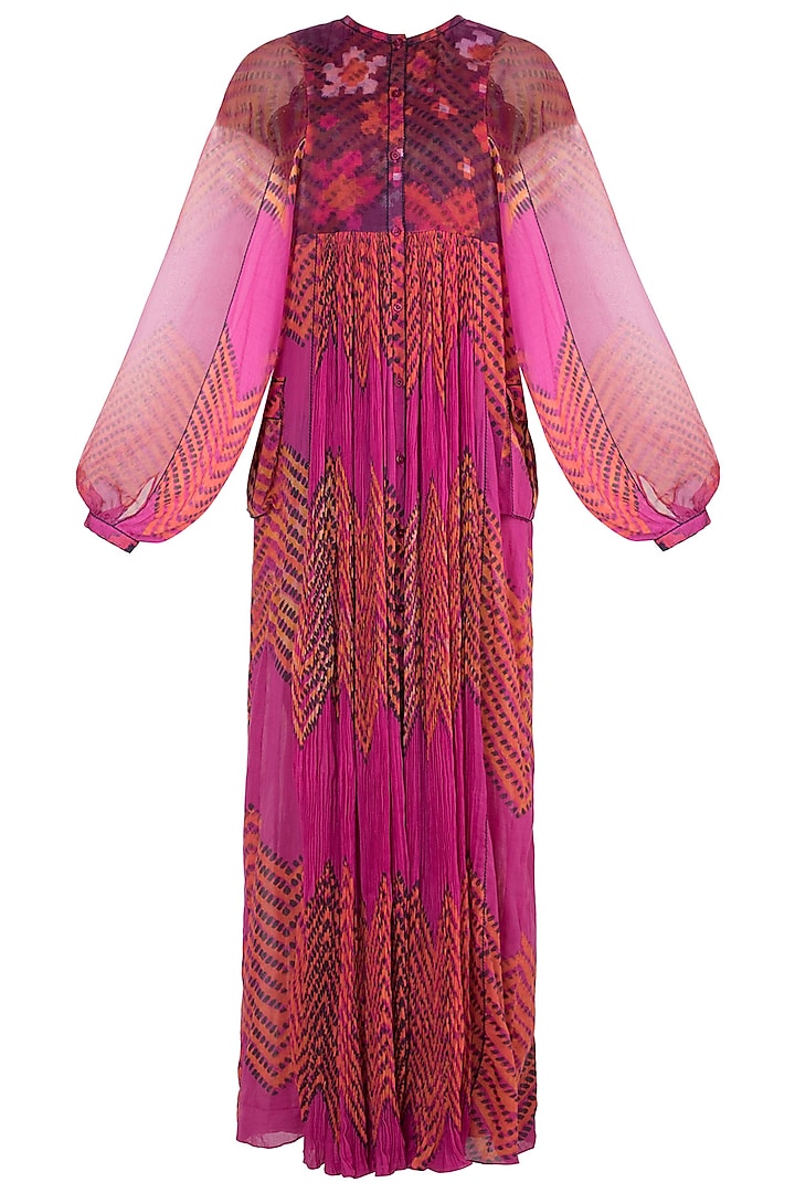 Pink Dual Printed Floral Leheriya Maxi Dress by Saaksha & Kinni