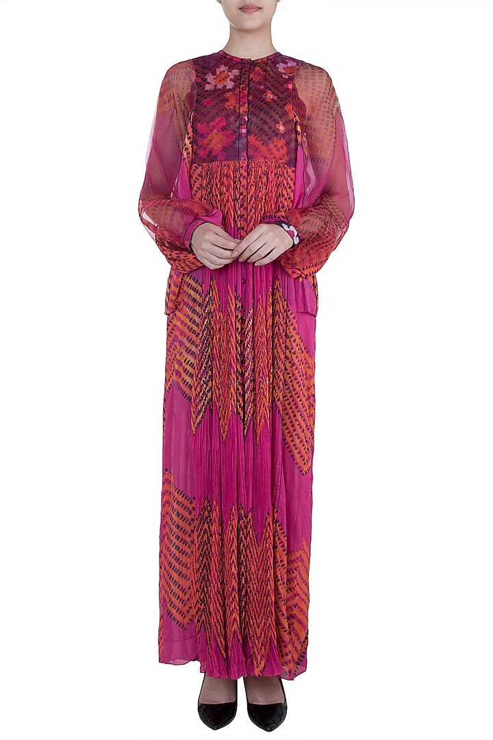 Pink Dual Printed Floral Leheriya Maxi Vacation Dress by Saaksha & Kinni at Pernia's Pop Up Shop