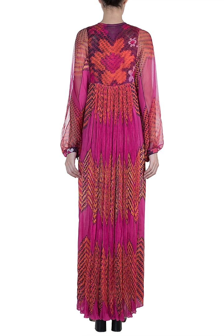Pink Dual Printed Floral Leheriya Maxi Vacation Dress by Saaksha & Kinni at Pernia's Pop Up Shop