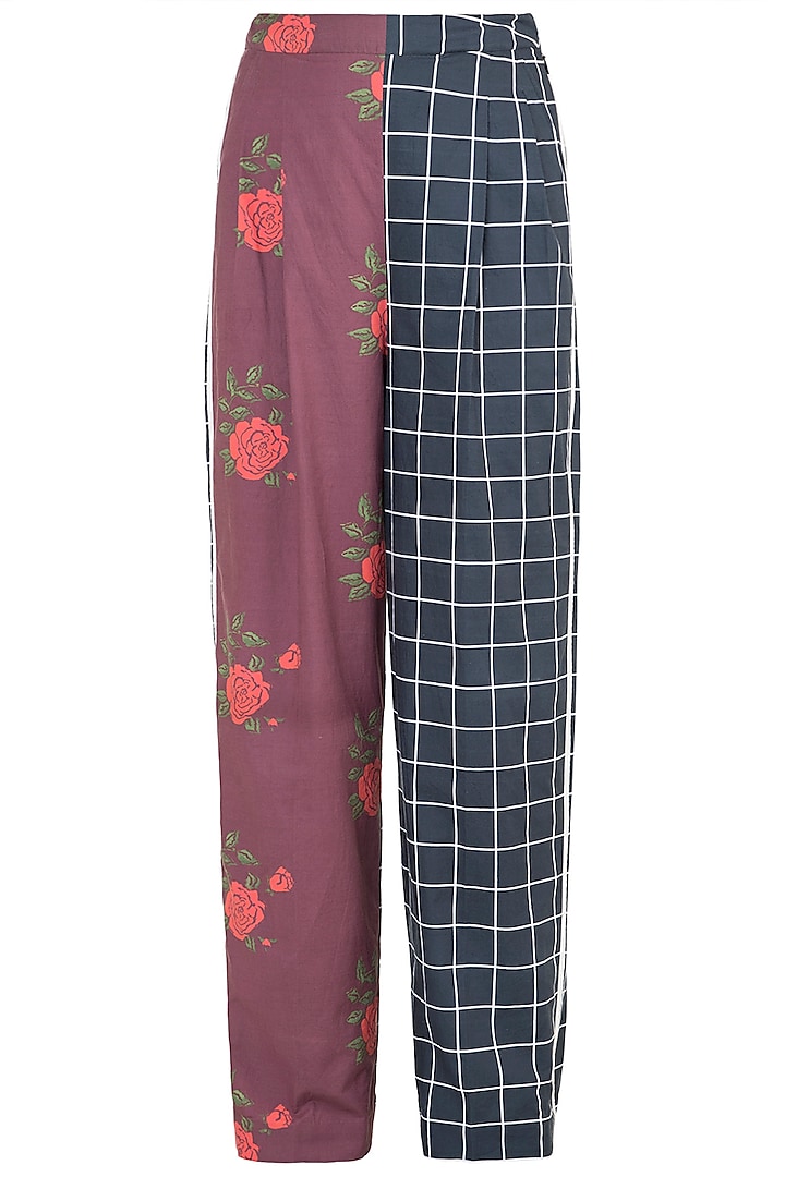 Black Dual Printed Floral & Checkered Trouser Pants by Saaksha & Kinni