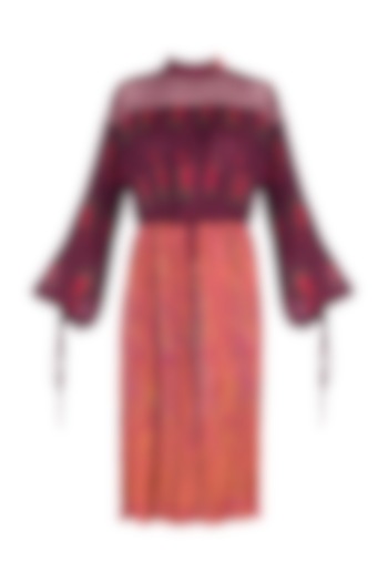 Burgundy Dual Print Leheriya Dress With Belt by Saaksha & Kinni