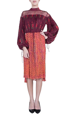 Burgundy Dual Print Leheriya Dress With Belt by Saaksha & Kinni