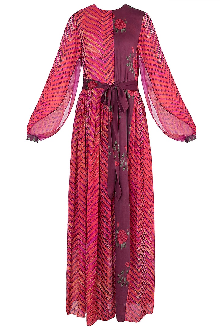 Pink Dual Printed Leheriya Maxi Dress With Belt by Saaksha & Kinni