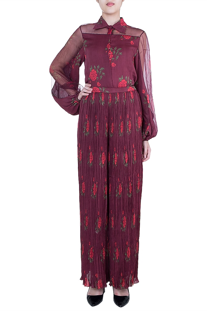 Burgundy Rose Printed Palazzo Pants by Saaksha & Kinni at Pernia's Pop Up Shop