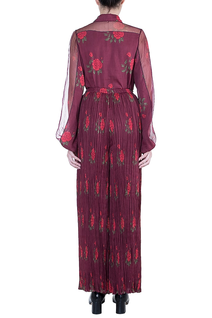 Burgundy Rose Printed Palazzo Pants by Saaksha & Kinni at Pernia's Pop Up Shop