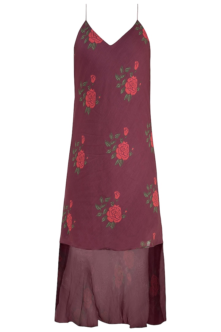 Burgundy Dual Rose Printed Leheriya Slip Dress by Saaksha & Kinni