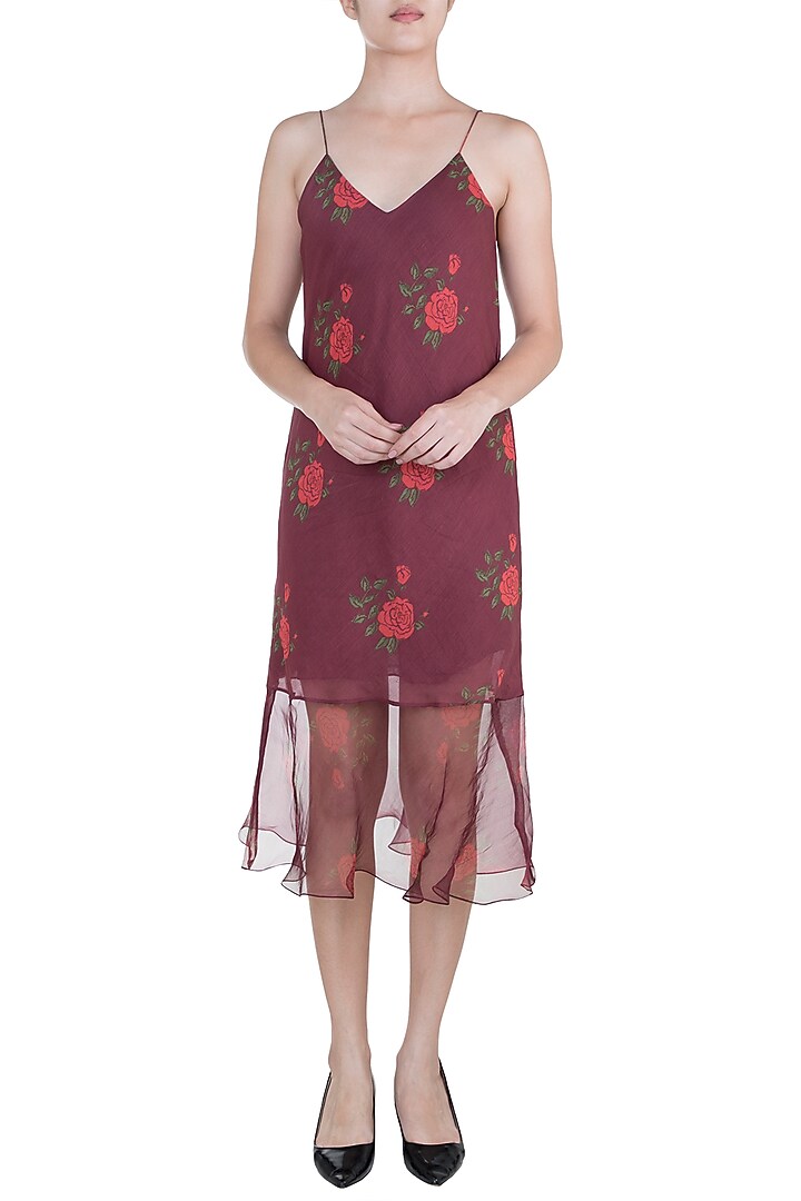 Burgundy Dual Rose Printed Leheriya Slip Summer Dress by Saaksha & Kinni at Pernia's Pop Up Shop