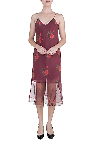 Burgundy Dual Rose Printed Leheriya Slip Dress by Saaksha & Kinni