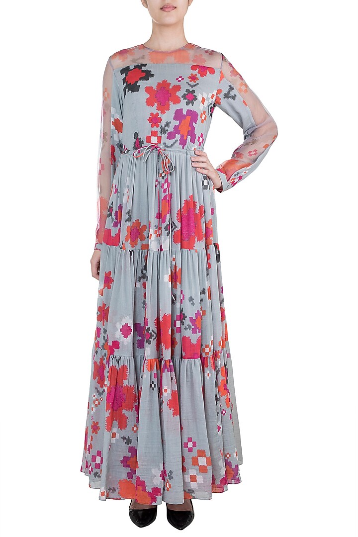 Grey Printed Floral Gypsy Vacation Dress With Belt by Saaksha & Kinni at Pernia's Pop Up Shop