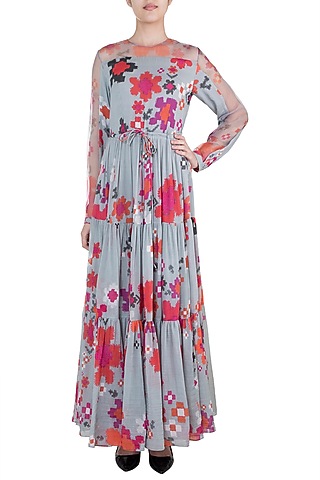 Grey Printed Floral Gypsy Dress With Belt by Saaksha & Kinni
