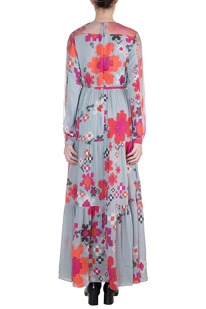 Grey Printed Floral Gypsy Vacation Dress With Belt by Saaksha & Kinni at Pernia's Pop Up Shop