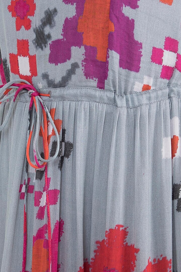 Grey Printed Floral Gypsy Vacation Dress With Belt by Saaksha & Kinni at Pernia's Pop Up Shop