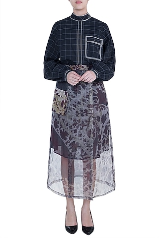 Grey Printed Floral Sheer Wrap Skirt by Saaksha & Kinni