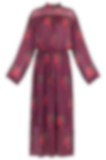 Burgundy Printed Maxi Dress With Belt by Saaksha & Kinni