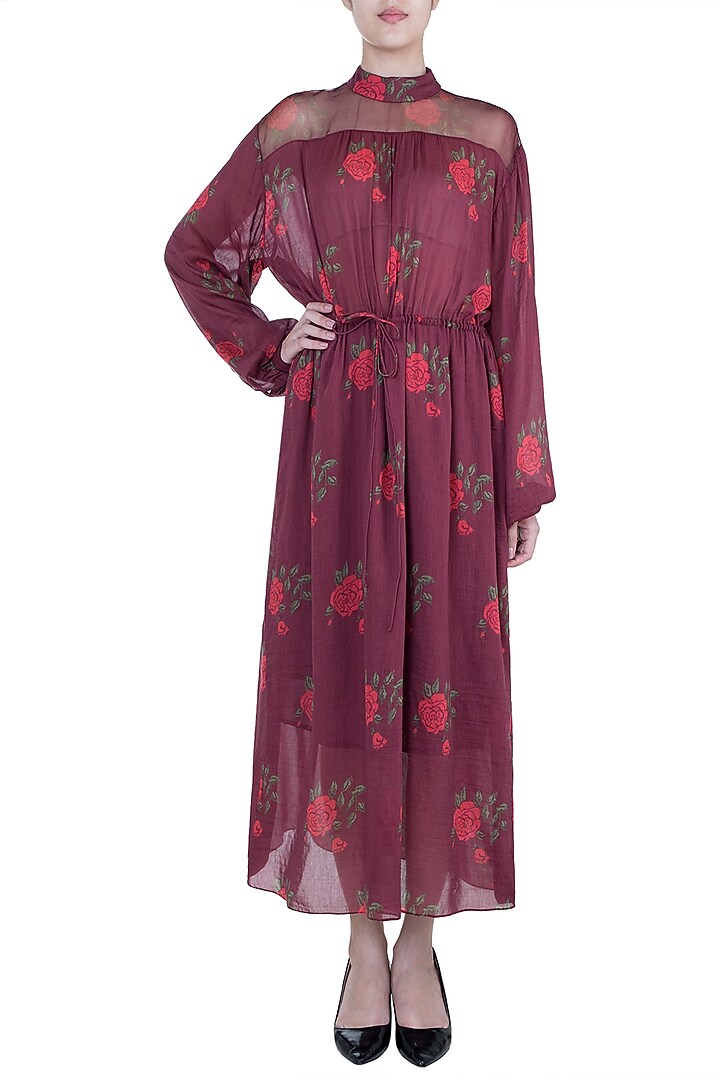 Burgundy Printed Maxi Summer Dress With Belt by Saaksha & Kinni at Pernia's Pop Up Shop
