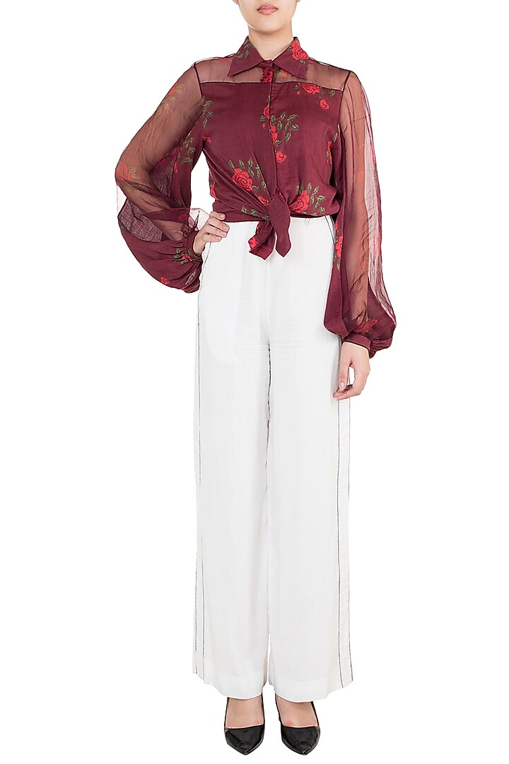 Burgundy Rose Printed Collared Blouse by Saaksha & Kinni at Pernia's Pop Up Shop