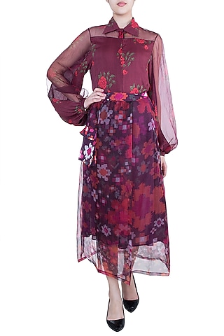 Multi Colored Abstract Floral Printed Sheer Wrap Skirt by Saaksha & Kinni