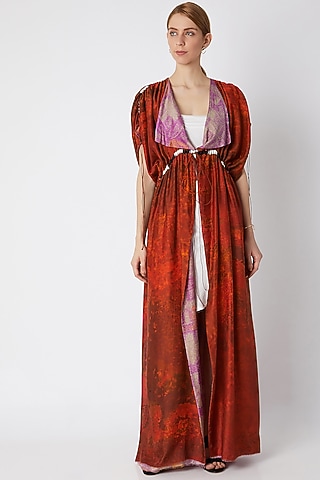 Red Printed & Reversible Kaftan With Belt by Saaksha & Kinni
