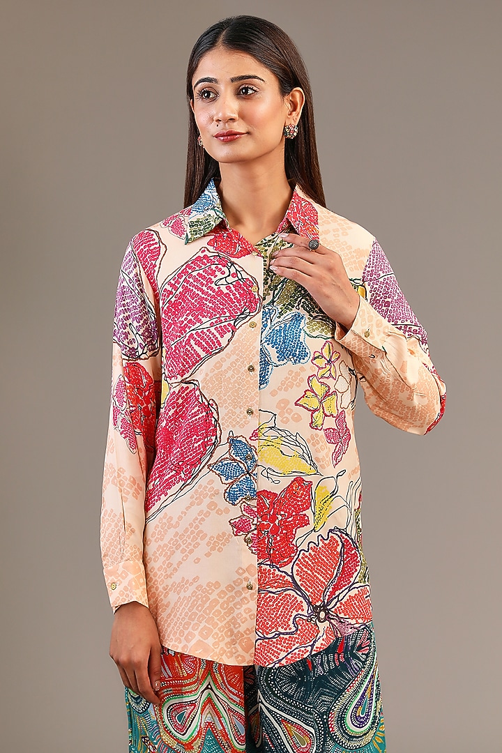 Multi-Colored Satin Bandhani Printed Shirt by Saaksha & Kinni at Pernia's Pop Up Shop