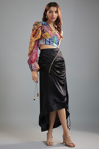 Black Silk Satin Asymmetric Skirt Set by Saaksha & Kinni