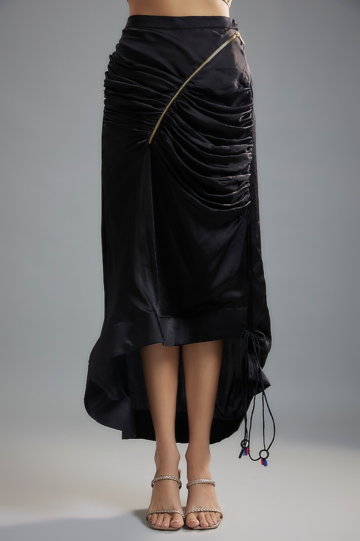 Black Silk Satin Asymmetric Skirt Set by Saaksha & Kinni at Pernia's Pop Up Shop