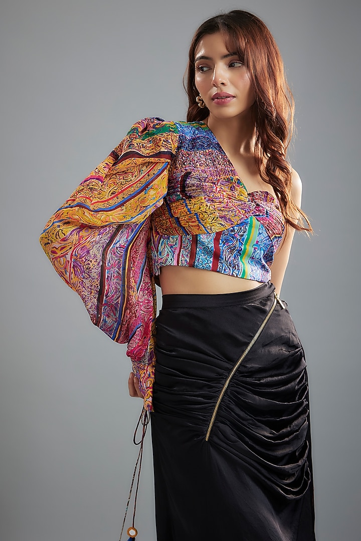 Black Silk Satin Asymmetric Skirt Set by Saaksha & Kinni at Pernia's Pop Up Shop