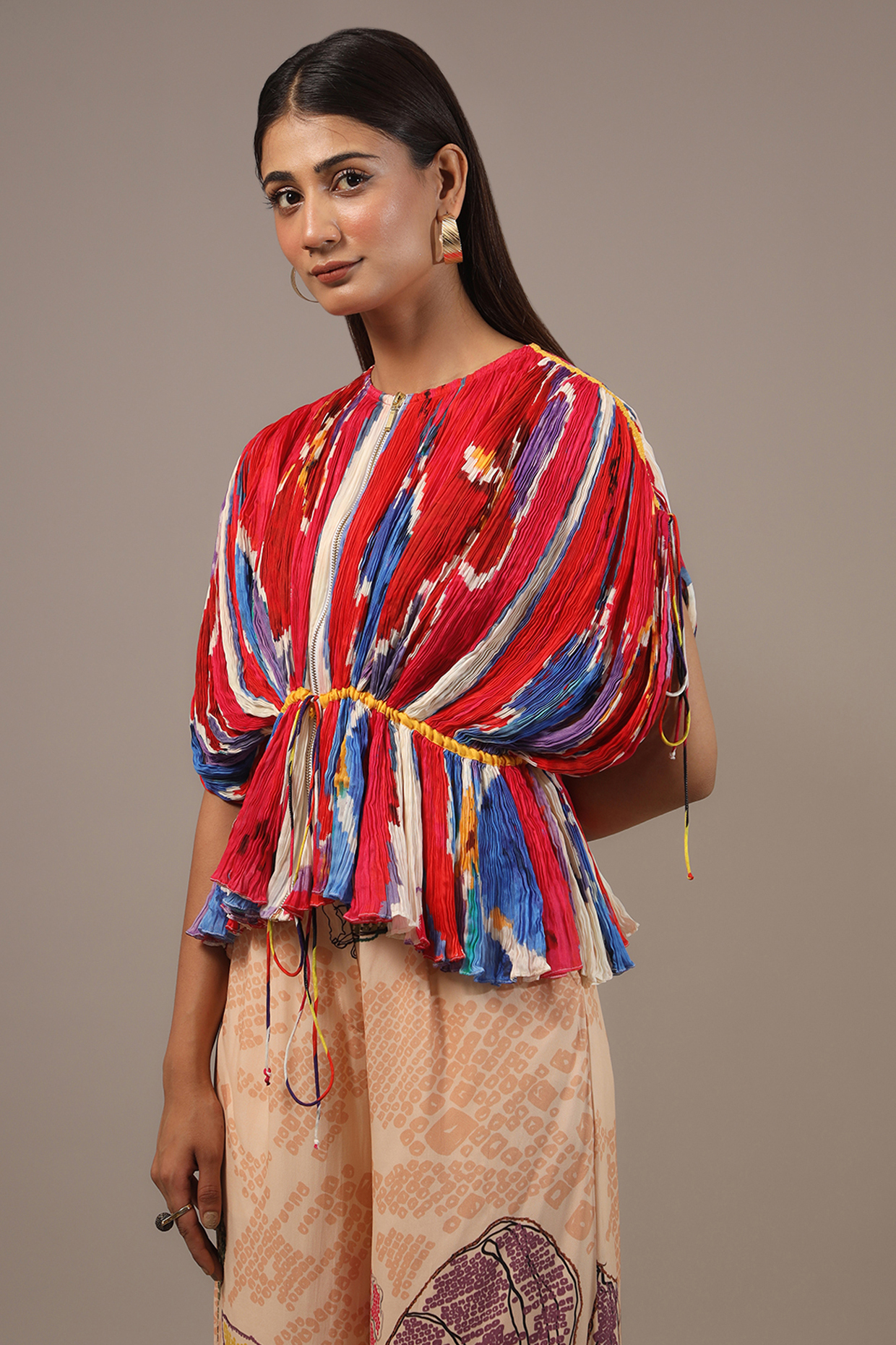 Red Cotton Silk Ikkat Printed Pleated Kaftan by Saaksha & Kinni at Pernia's Pop Up Shop