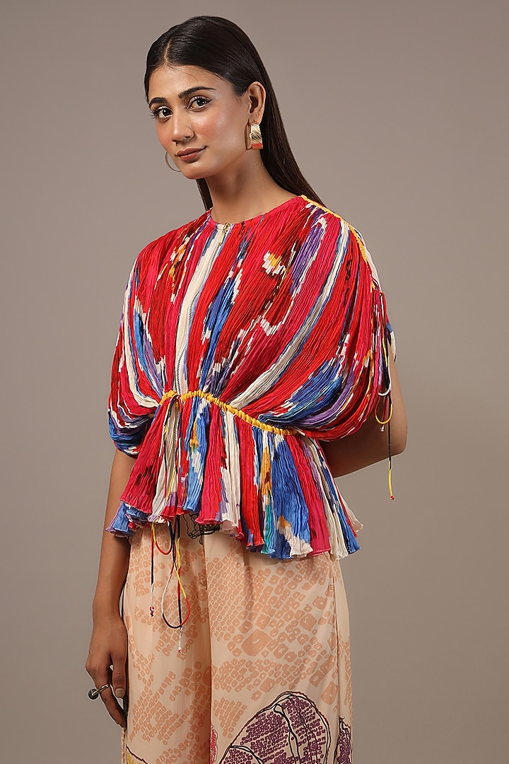 Red Cotton Silk Ikkat Printed Pleated Kaftan by Saaksha & Kinni at Pernia's Pop Up Shop