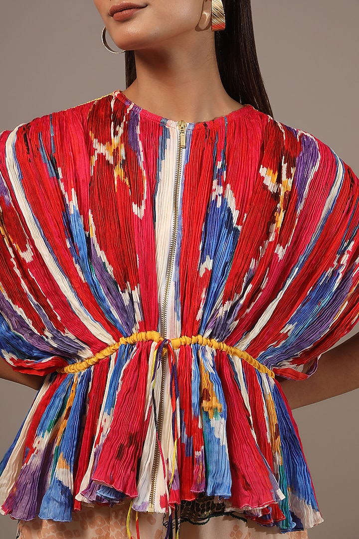 Red Cotton Silk Ikkat Printed Pleated Kaftan by Saaksha & Kinni at Pernia's Pop Up Shop