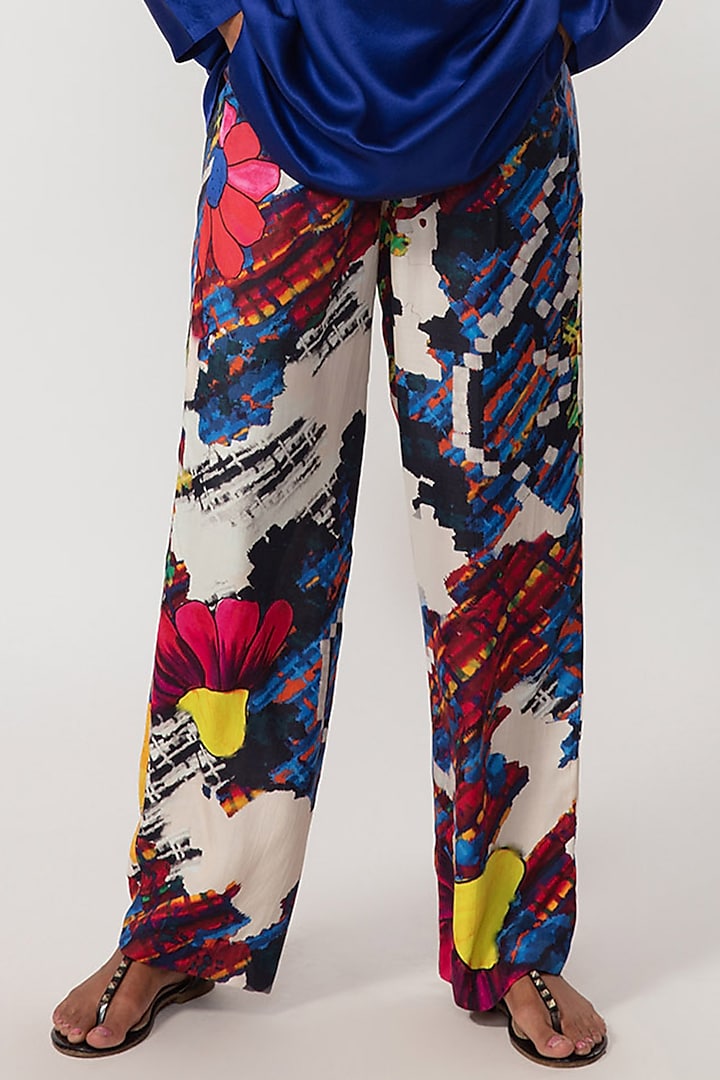 Multi-Colored Silk Abstract Printed Trousers by Saaksha & Kinni
